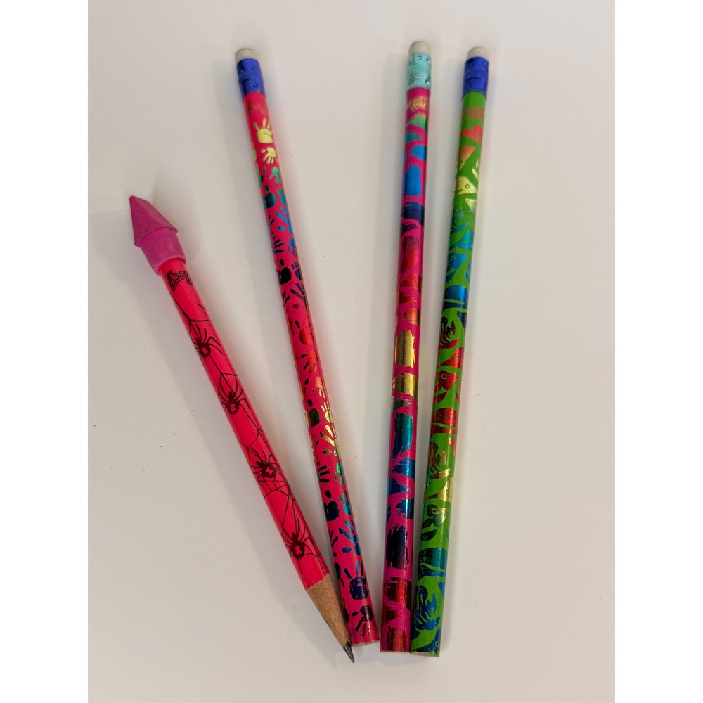 Vintage Lisa Frank Pencils Lot of 4 90s Retro Spiders Handprints Fish Neon